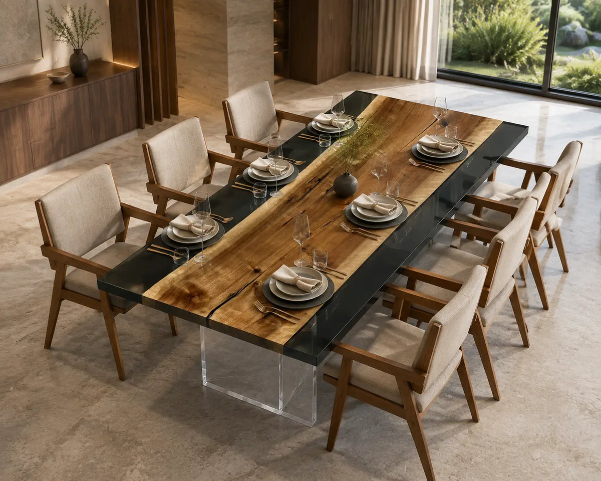 Shadow Margins smoky black transparent epoxy walnut dining table DT37