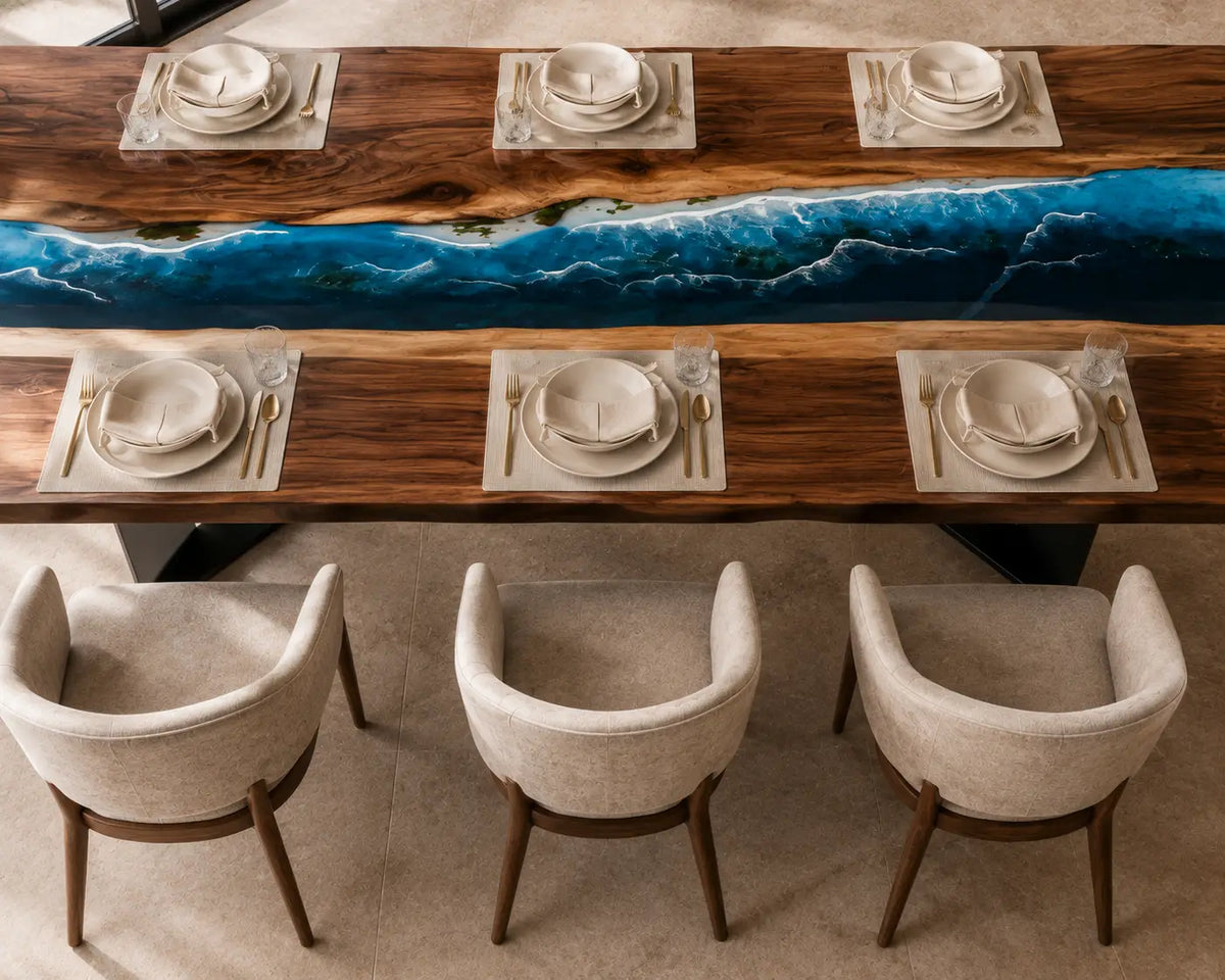 Midnight Tide Midnight Blue & Turquoise & White Surf Epoxy River Walnut Dining Table DT36