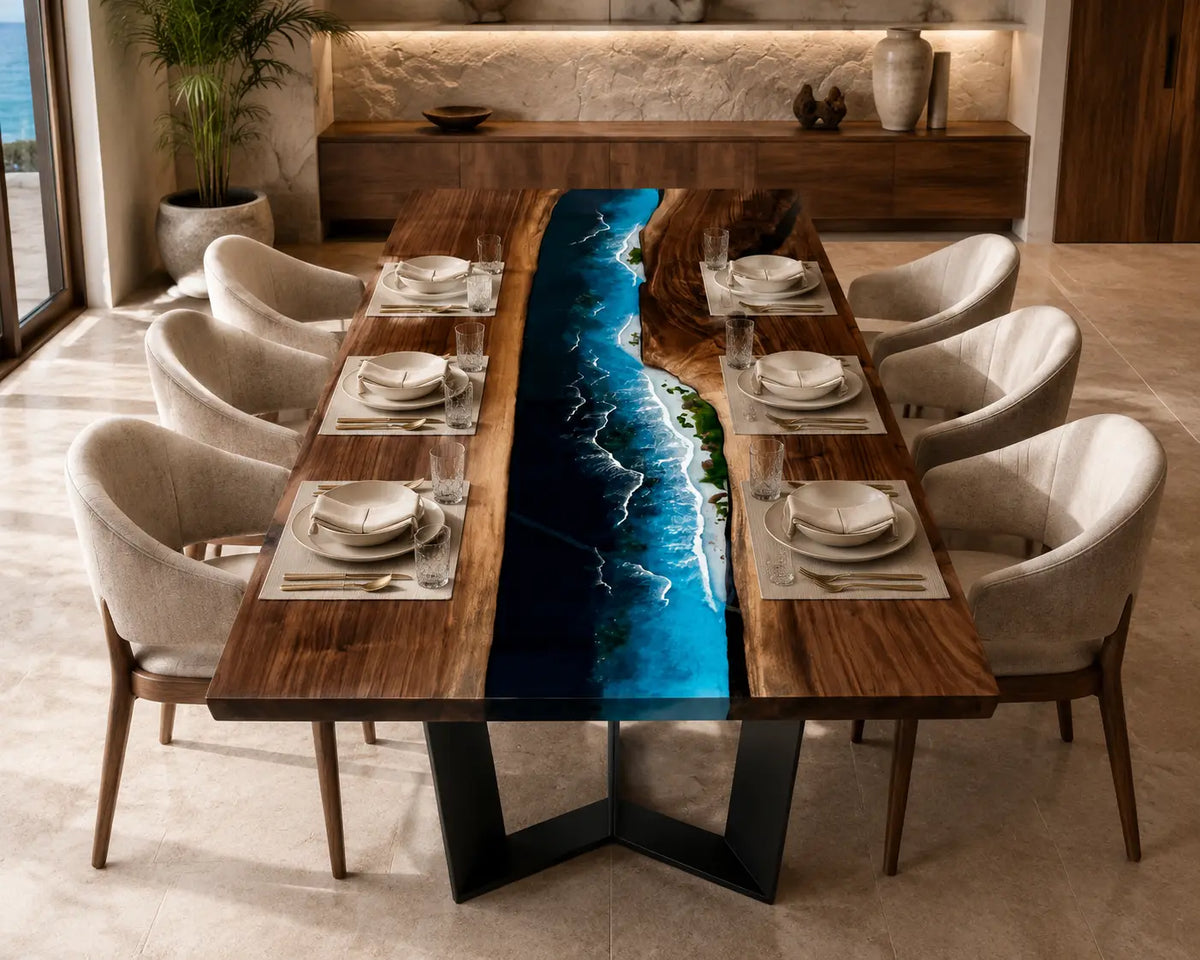 Midnight Tide Midnight Blue & Turquoise & White Surf Epoxy River Walnut Dining Table DT36