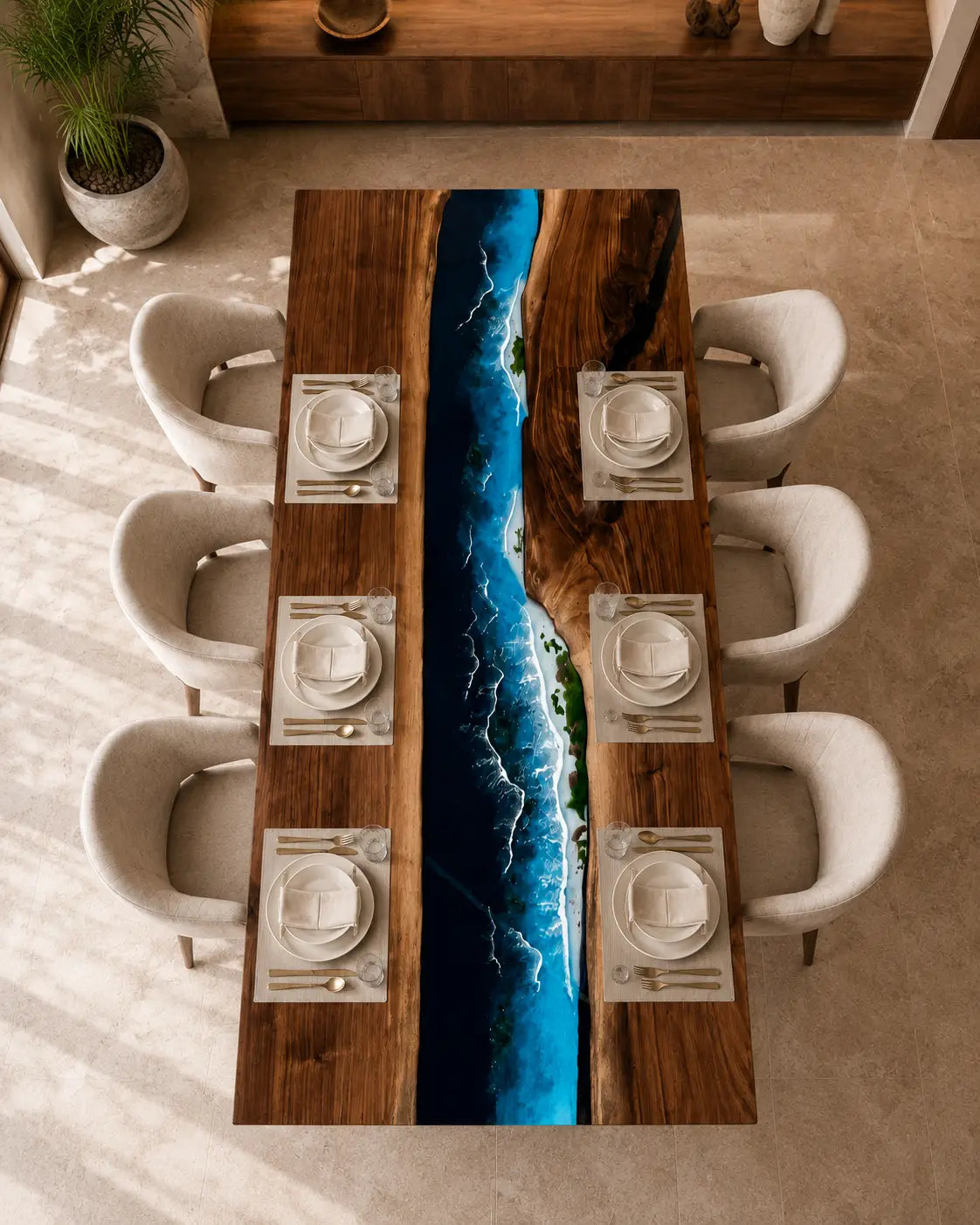 Midnight Tide Midnight Blue & Turquoise & White Surf Epoxy River Walnut Dining Table DT36