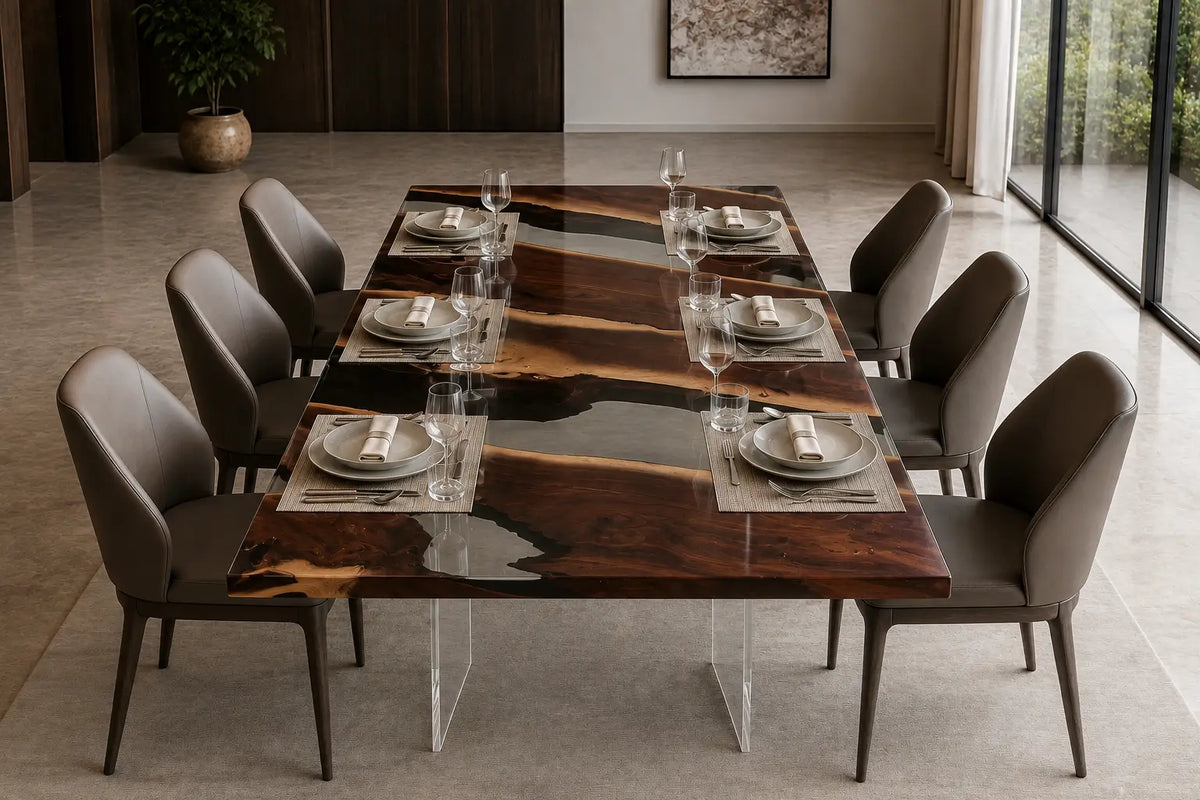 Crystal Strata crystal clear epoxy walnut dining table DT40