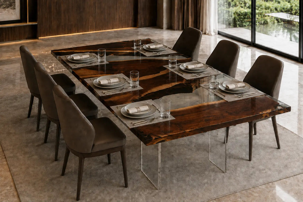 Crystal Strata Crystal Clear Epoxy Walnut Dining Table DT40
