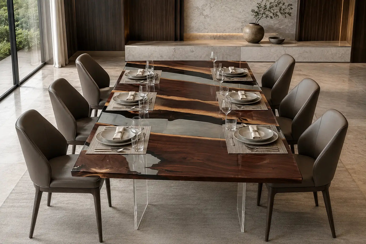 Crystal Strata Crystal Clear Epoxy Walnut Dining Table DT40