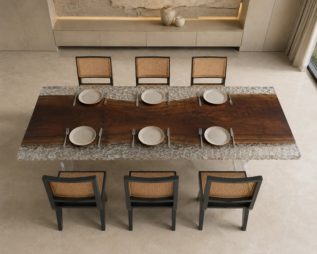 Icebound Edge crystal clear with white crystal aggregate epoxy walnut dining table DT42