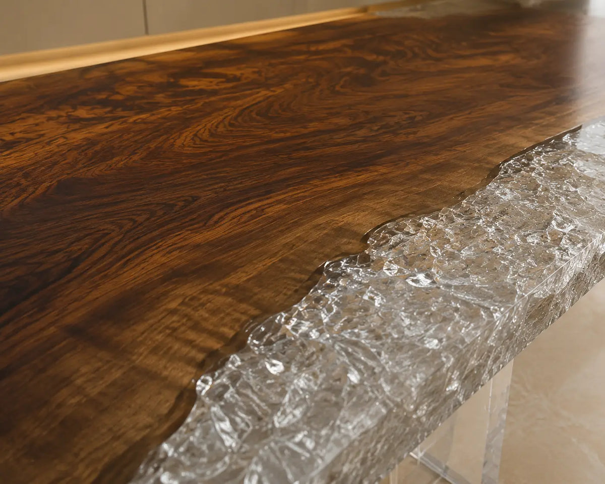 Icebound Edge Crystal Clear & White Crystal Aggregate Epoxy Walnut Dining Table DT42