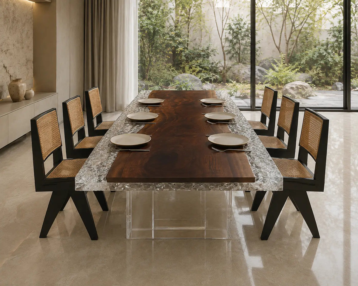 Icebound Edge Crystal Clear & White Crystal Aggregate Epoxy Walnut Dining Table DT42