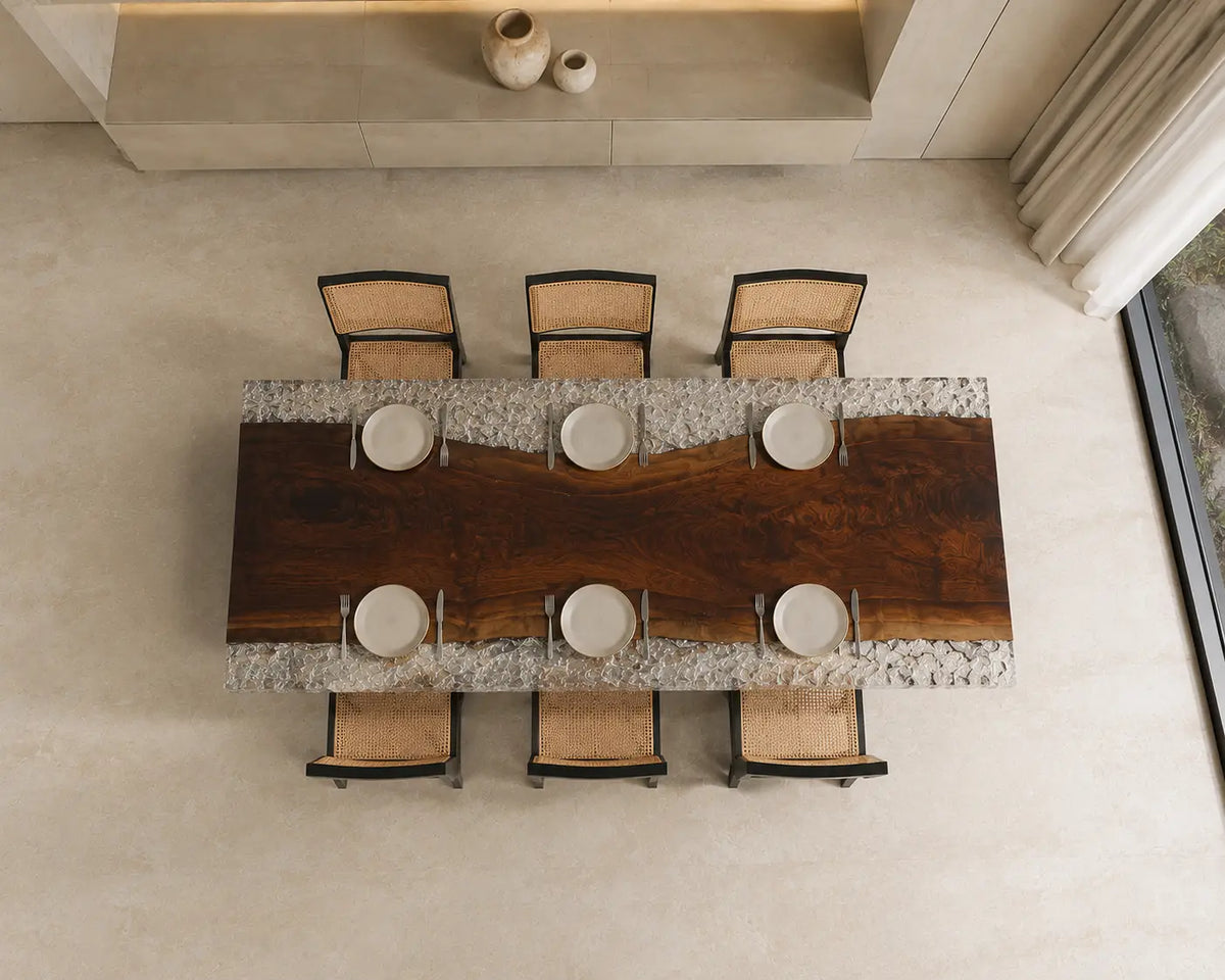 Icebound Edge Crystal Clear & White Crystal Aggregate Epoxy Walnut Dining Table DT42