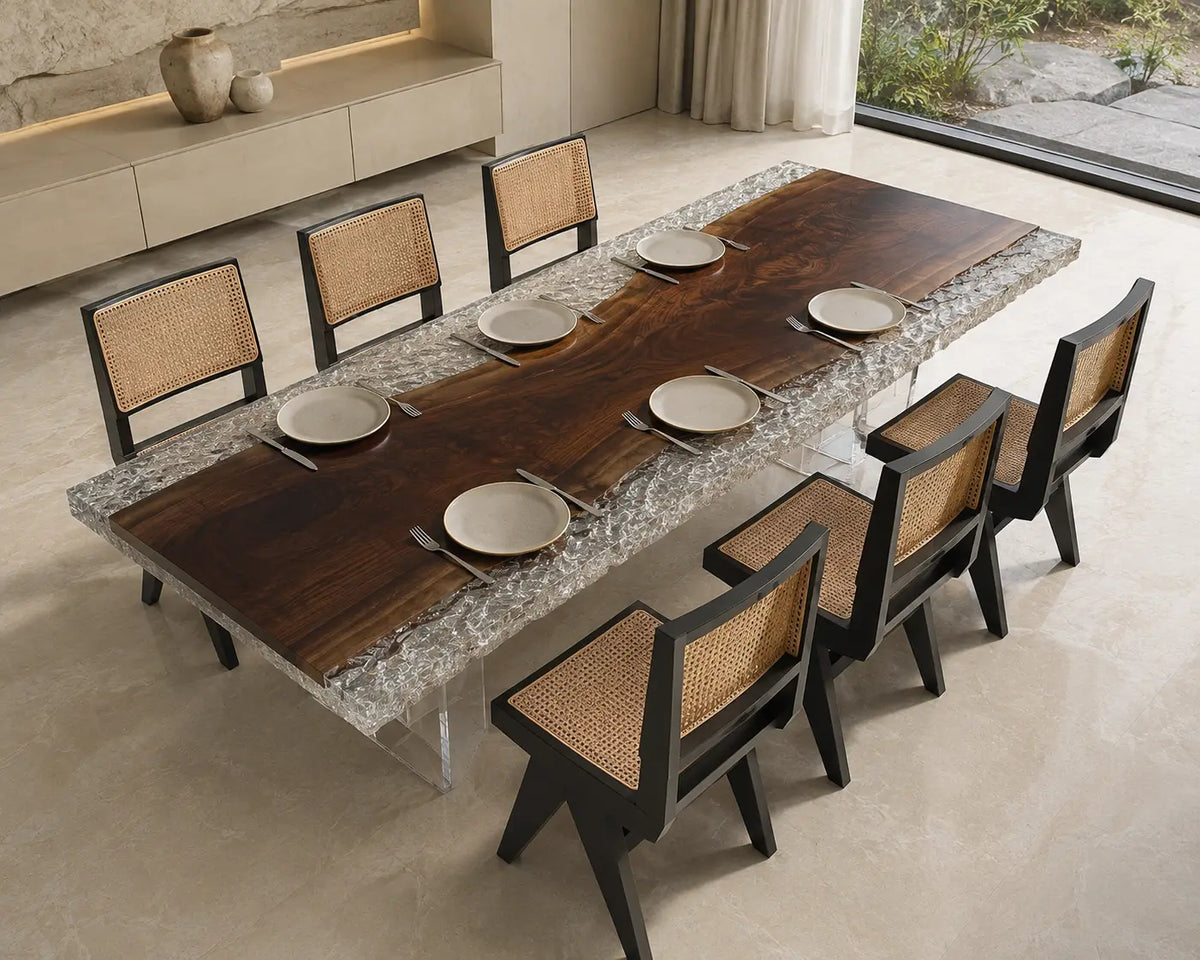 Icebound Edge Crystal Clear & White Crystal Aggregate Epoxy Walnut Dining Table DT42