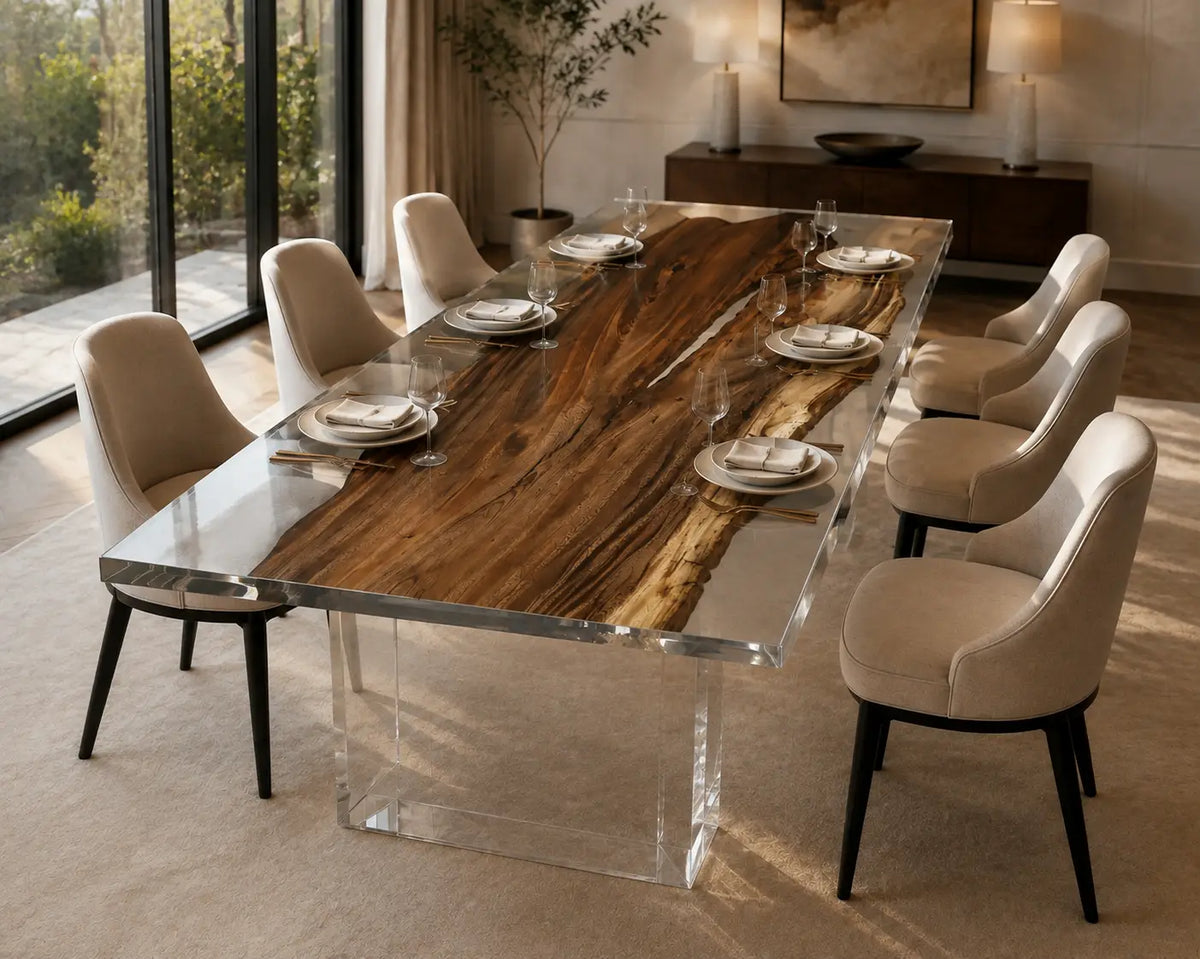 Lucent Rift crystal clear epoxy river walnut dining table DT43