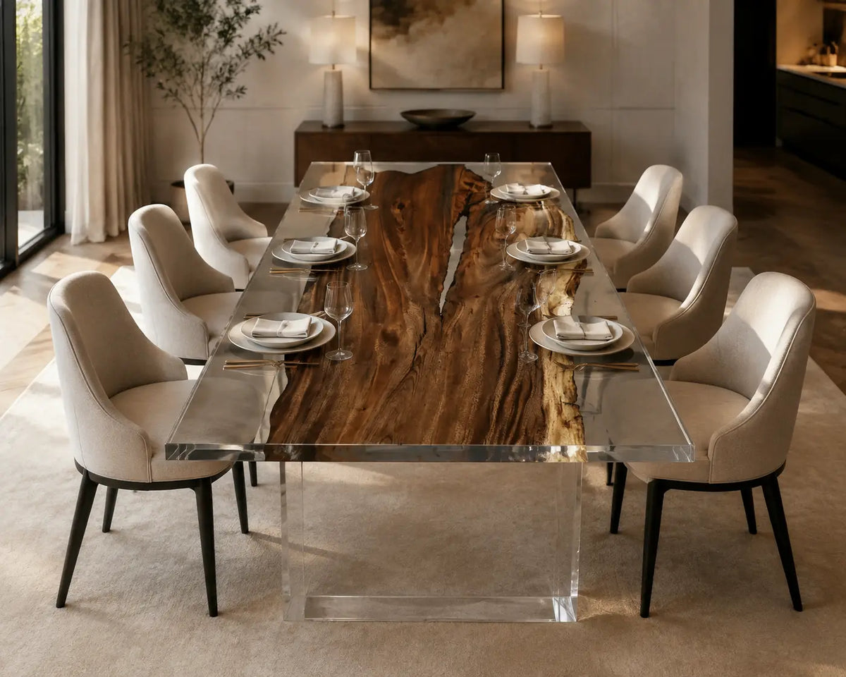 Lucent Rift Crystal Clear Epoxy River Walnut Dining Table DT43