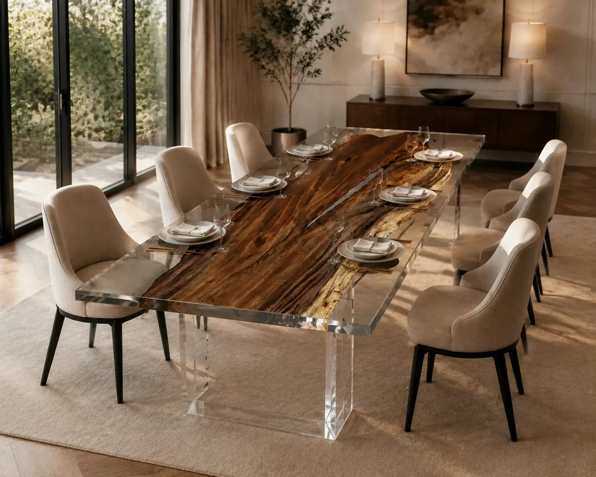 Lucent Rift Crystal Clear Epoxy River Walnut Dining Table DT43