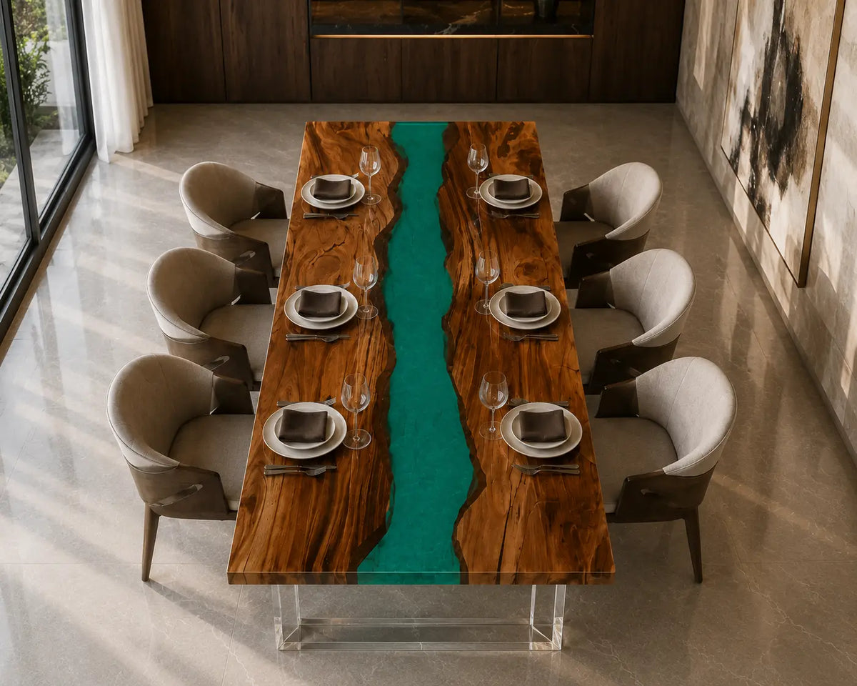 Emerald Channel emerald green epoxy river walnut dining table DT44