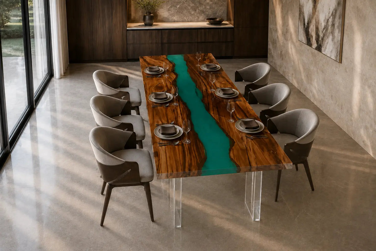 Emerald Channel Emerald Green Epoxy River Walnut Dining Table DT44