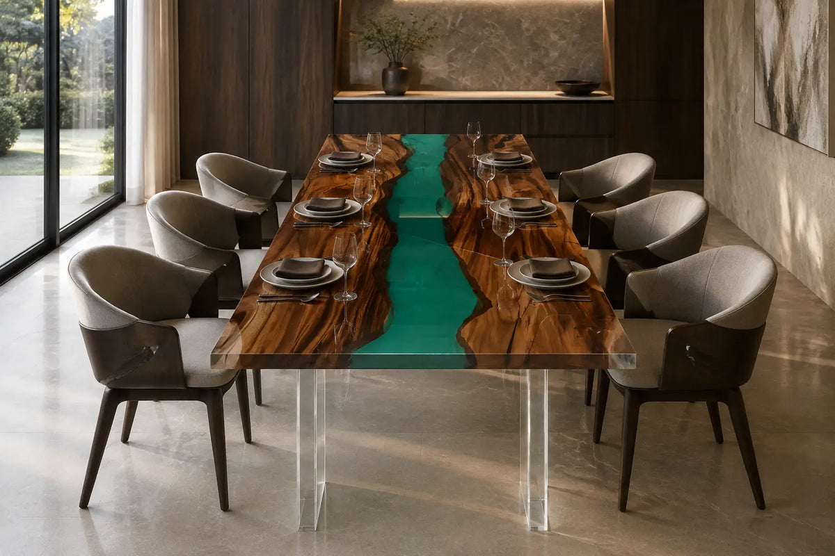 Emerald Channel Emerald Green Epoxy River Walnut Dining Table DT44