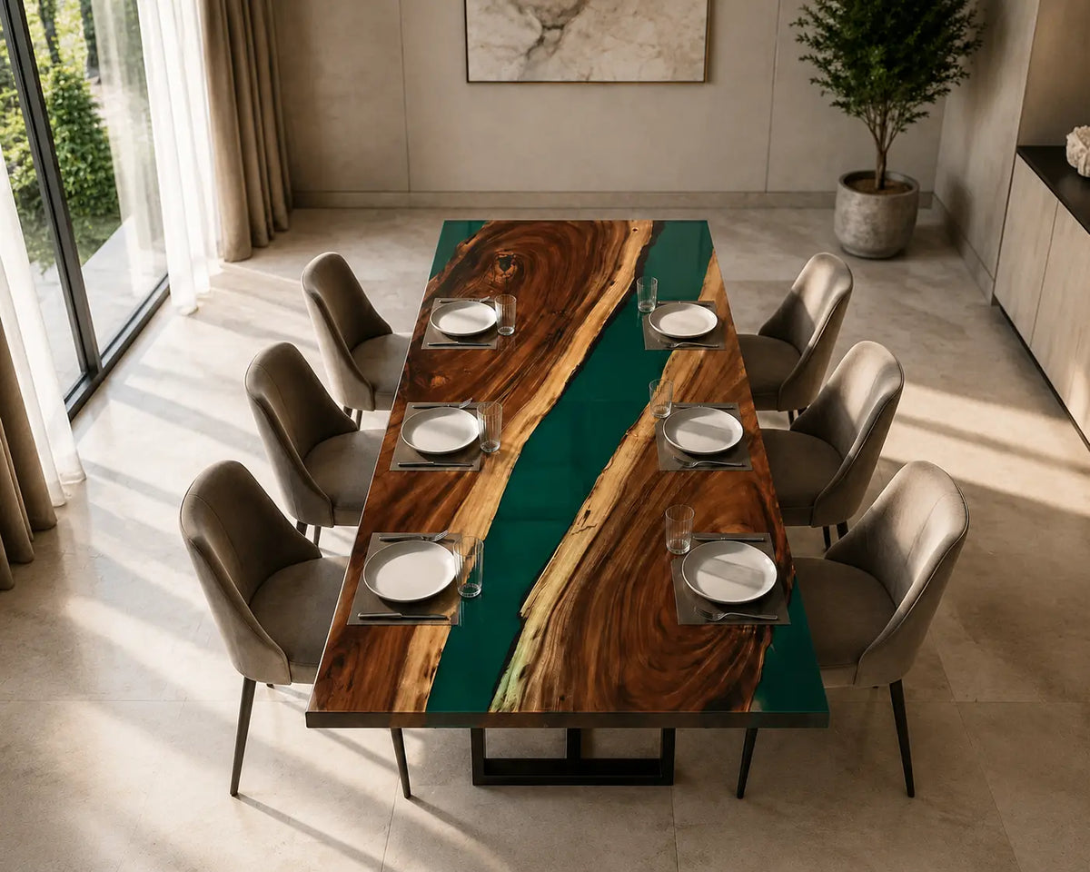 Emerald Corridor emerald green epoxy river walnut dining table DT45