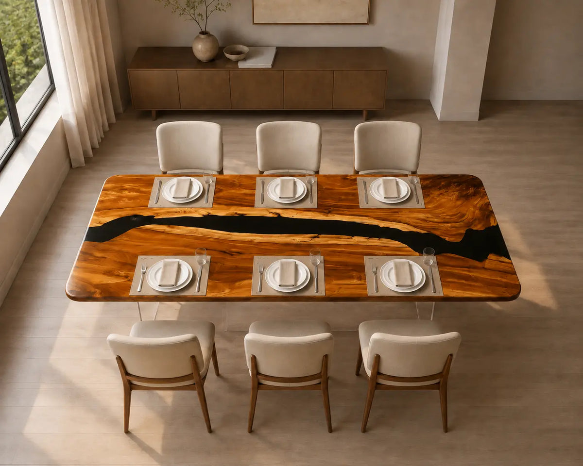 Onyx Rift opaque black epoxy river walnut dining table DT46