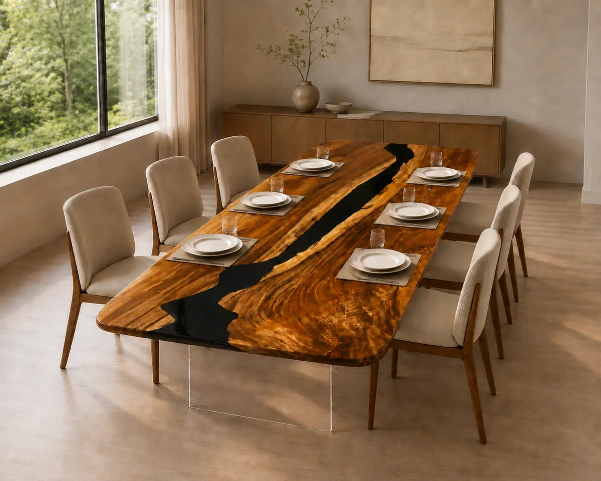 Onyx Rift Opaque Black Epoxy River Walnut Dining Table DT46