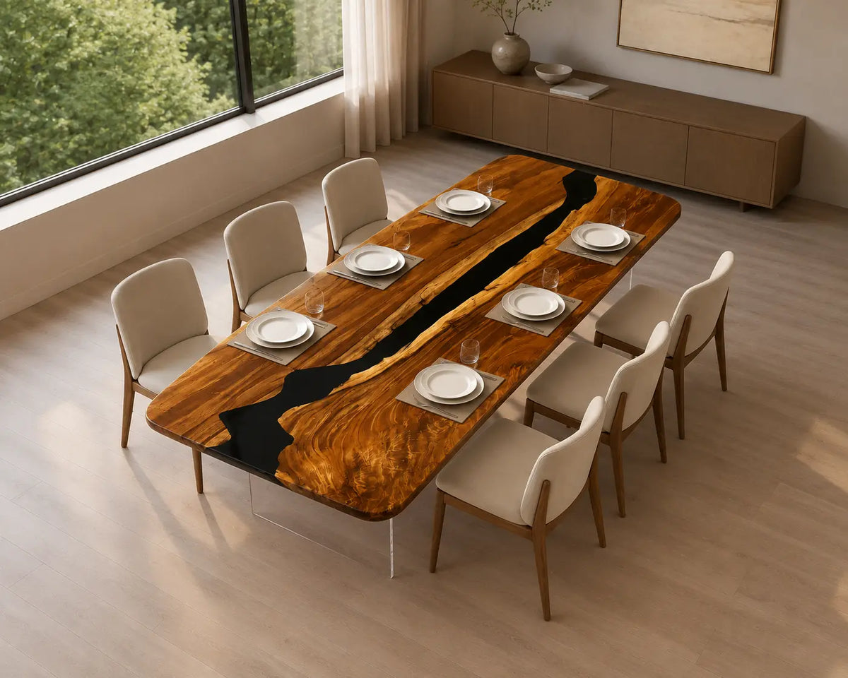 Onyx Rift Opaque Black Epoxy River Walnut Dining Table DT46