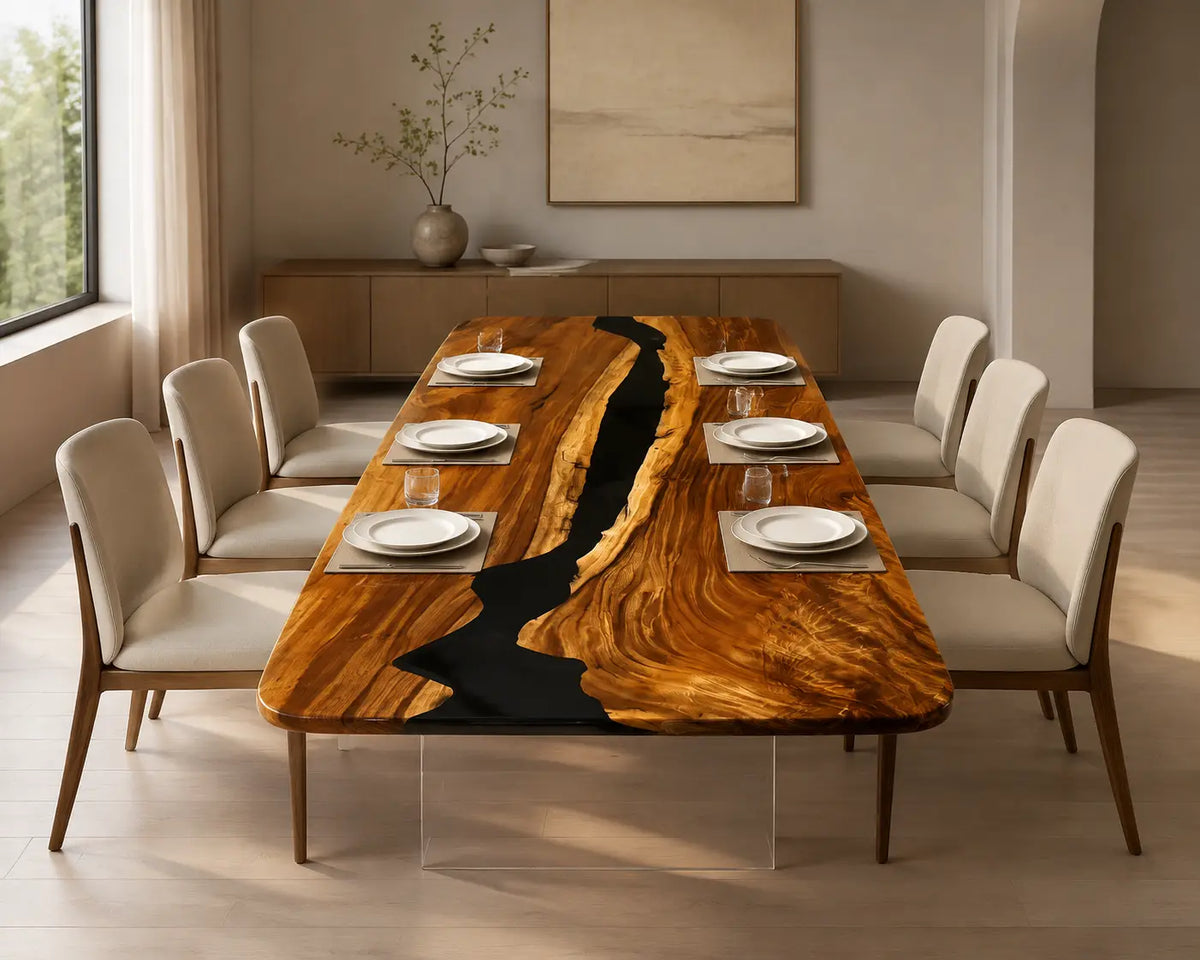 Onyx Rift Opaque Black Epoxy River Walnut Dining Table DT46