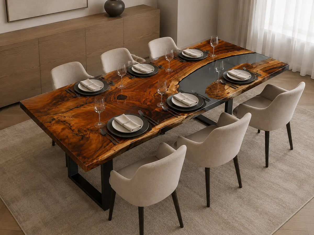 Smoked Burl smoky transparent gray epoxy river walnut dining table DT48