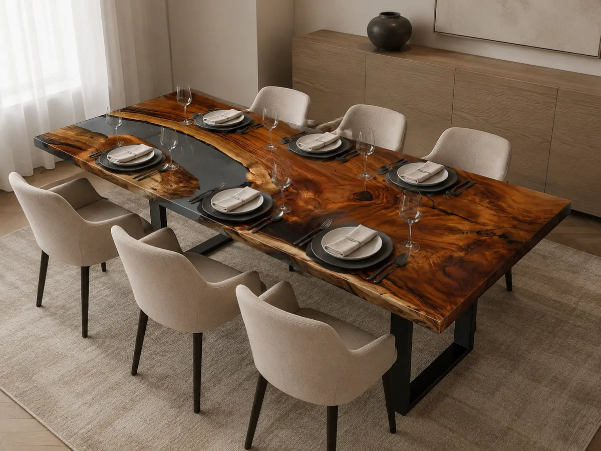 Smoked Burl Smoky Transparent Gray Epoxy River Walnut Dining Table DT48