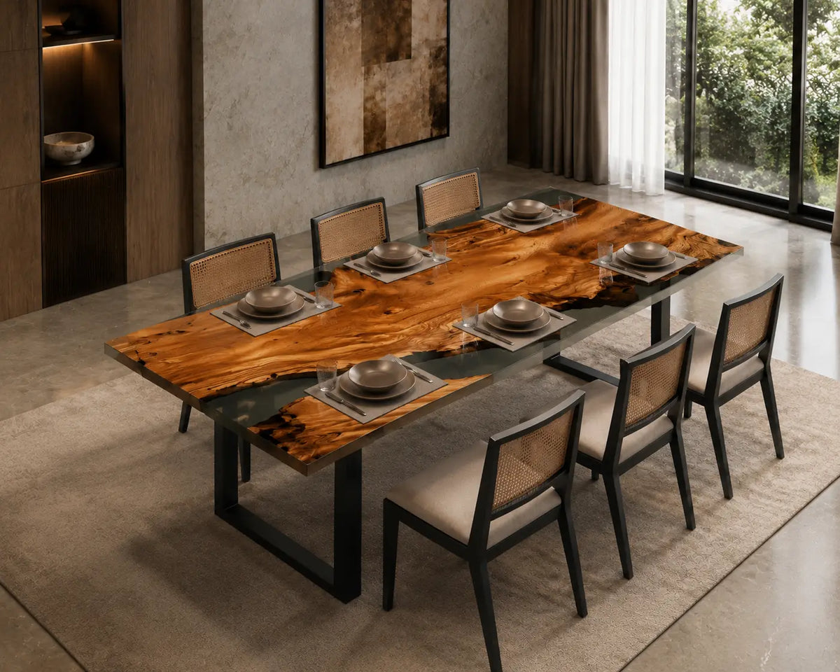 Ashen Border smoky transparent gray epoxy walnut dining table DT49