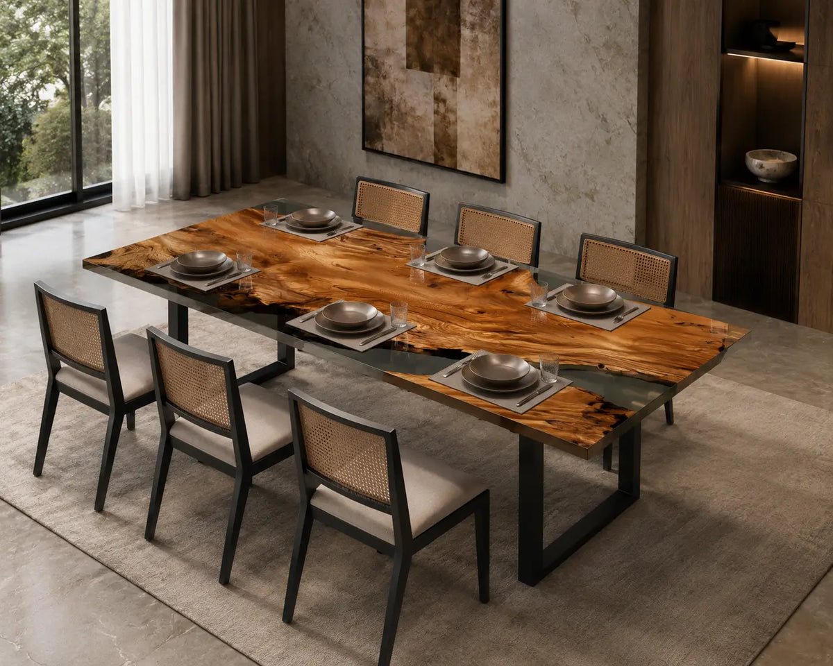 Ashen Border Smoky Transparent Gray Epoxy Walnut Dining Table DT49