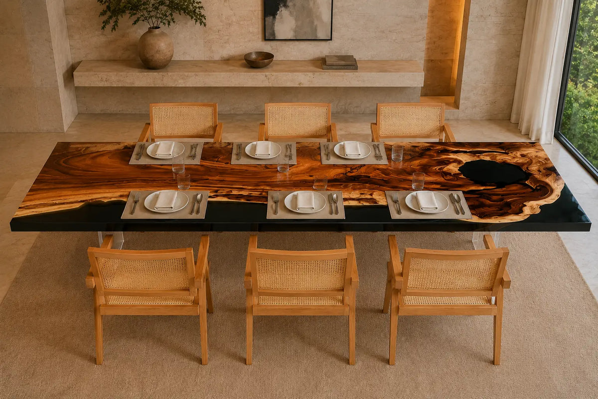 Onyx Divide opaque black epoxy river walnut dining table DT50
