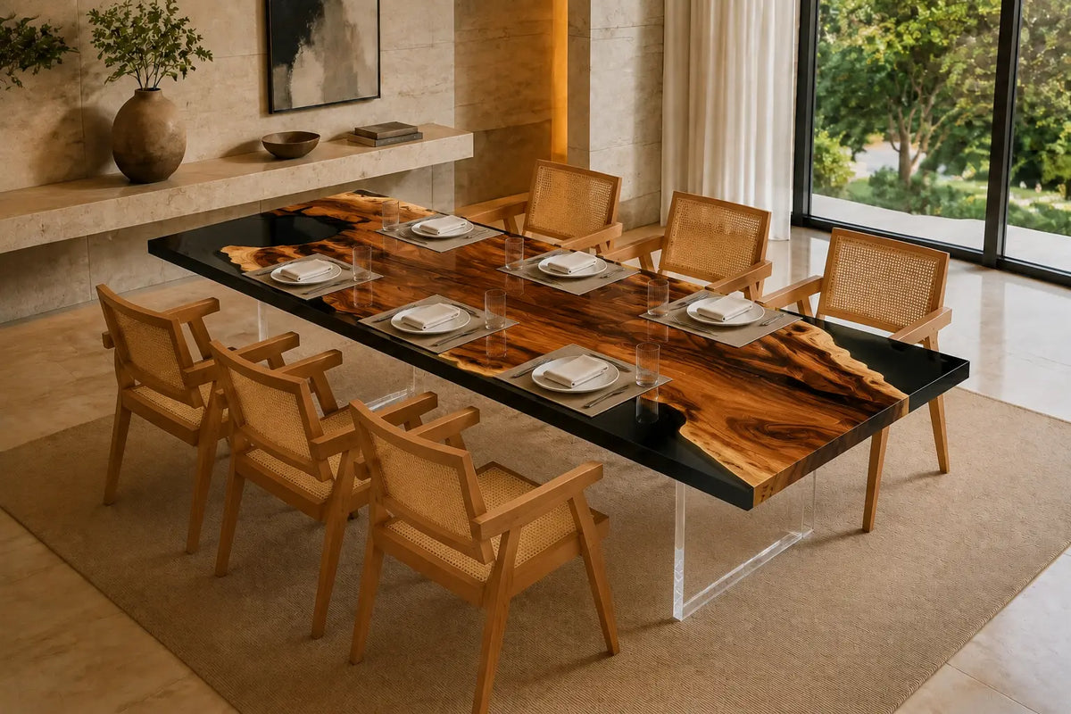 Onyx Divide Opaque Black Epoxy River Walnut Dining Table DT50