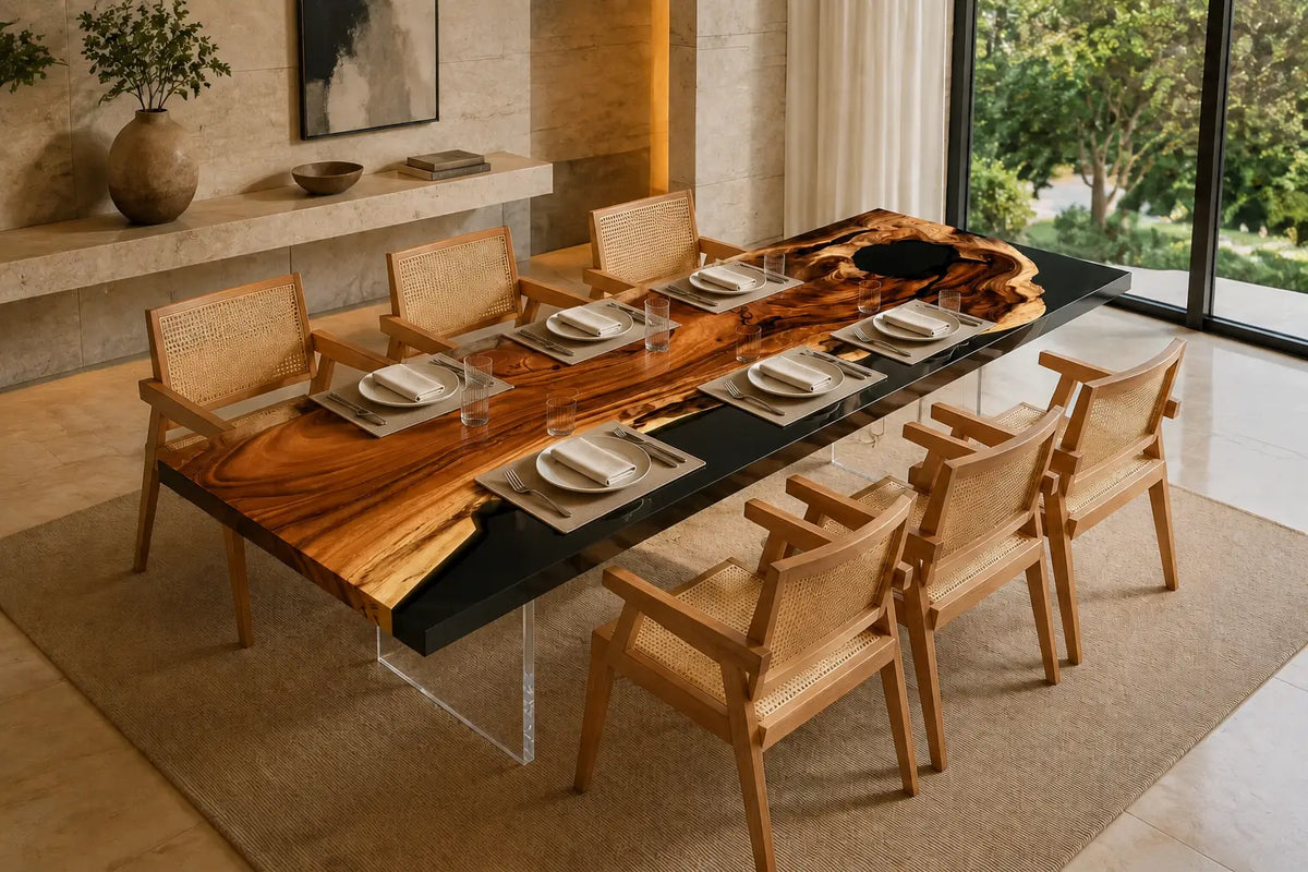 Onyx Divide Opaque Black Epoxy River Walnut Dining Table DT50
