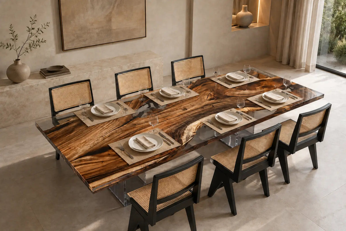 Crystal Rails Crystal Clear Epoxy River Walnut Dining Table DT51