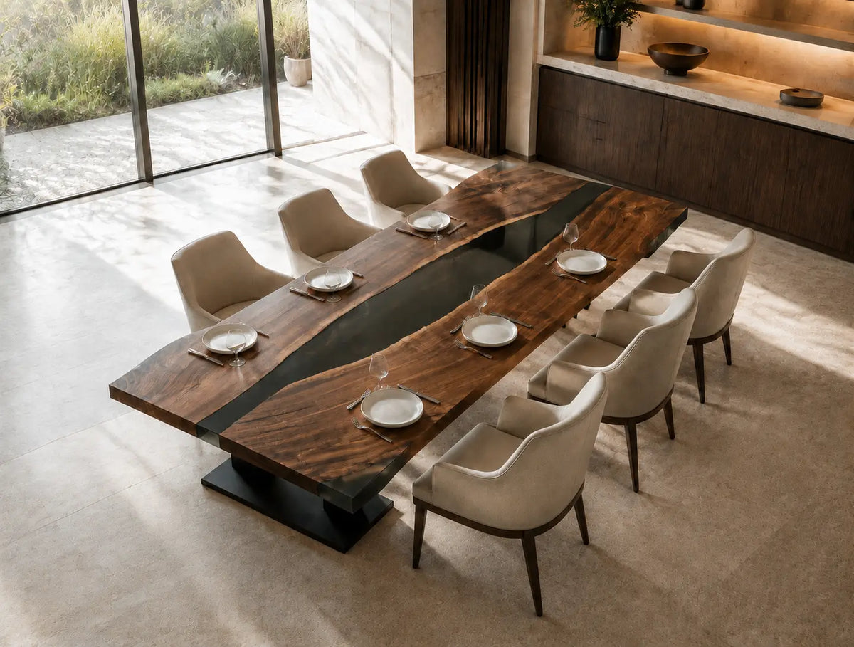 Onyx Ribbon opaque black epoxy river black walnut dining table DT53