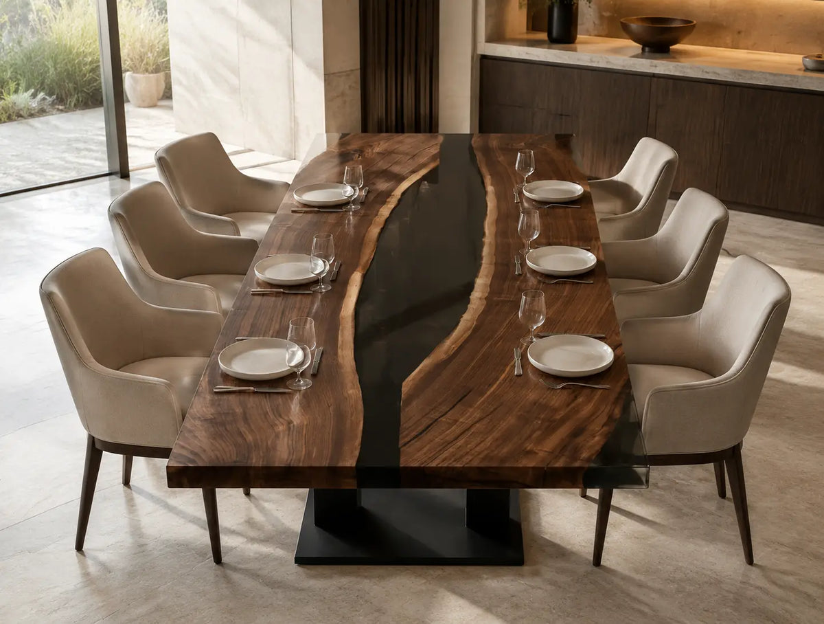Onyx Ribbon Opaque Black Epoxy River Black Walnut Dining Table DT53