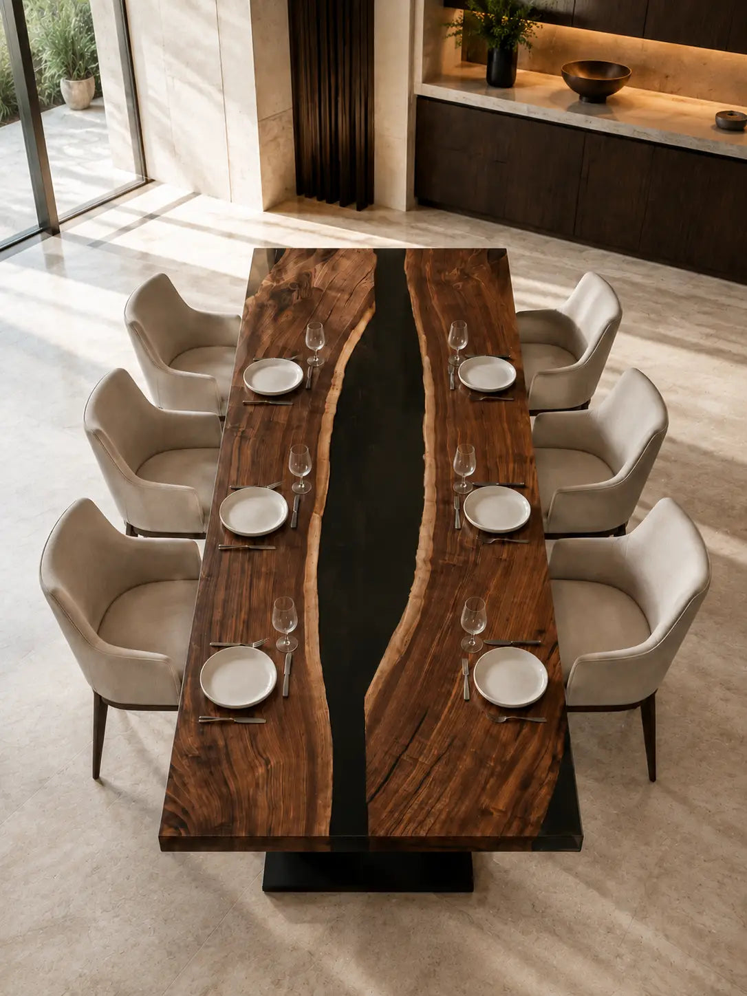 Onyx Ribbon Opaque Black Epoxy River Black Walnut Dining Table DT53