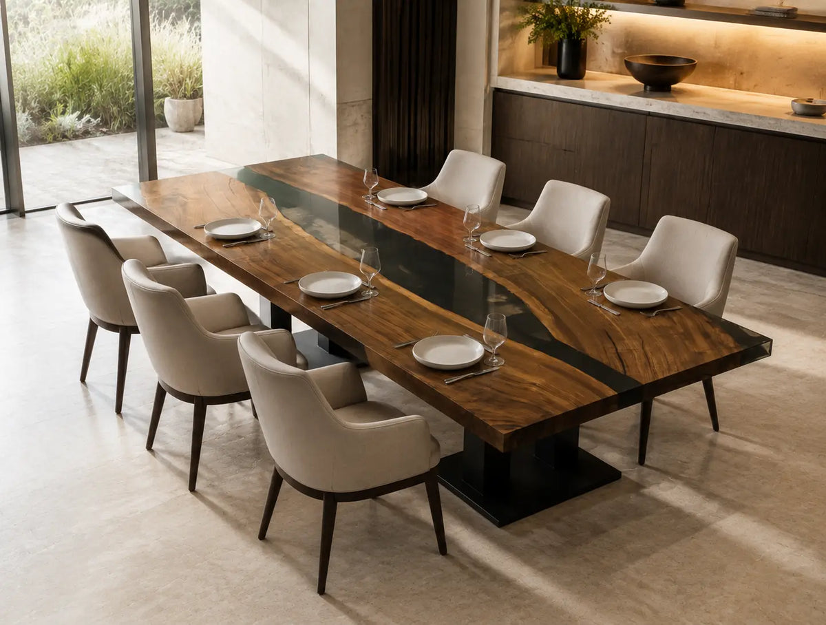 Onyx Ribbon Opaque Black Epoxy River Black Walnut Dining Table DT53