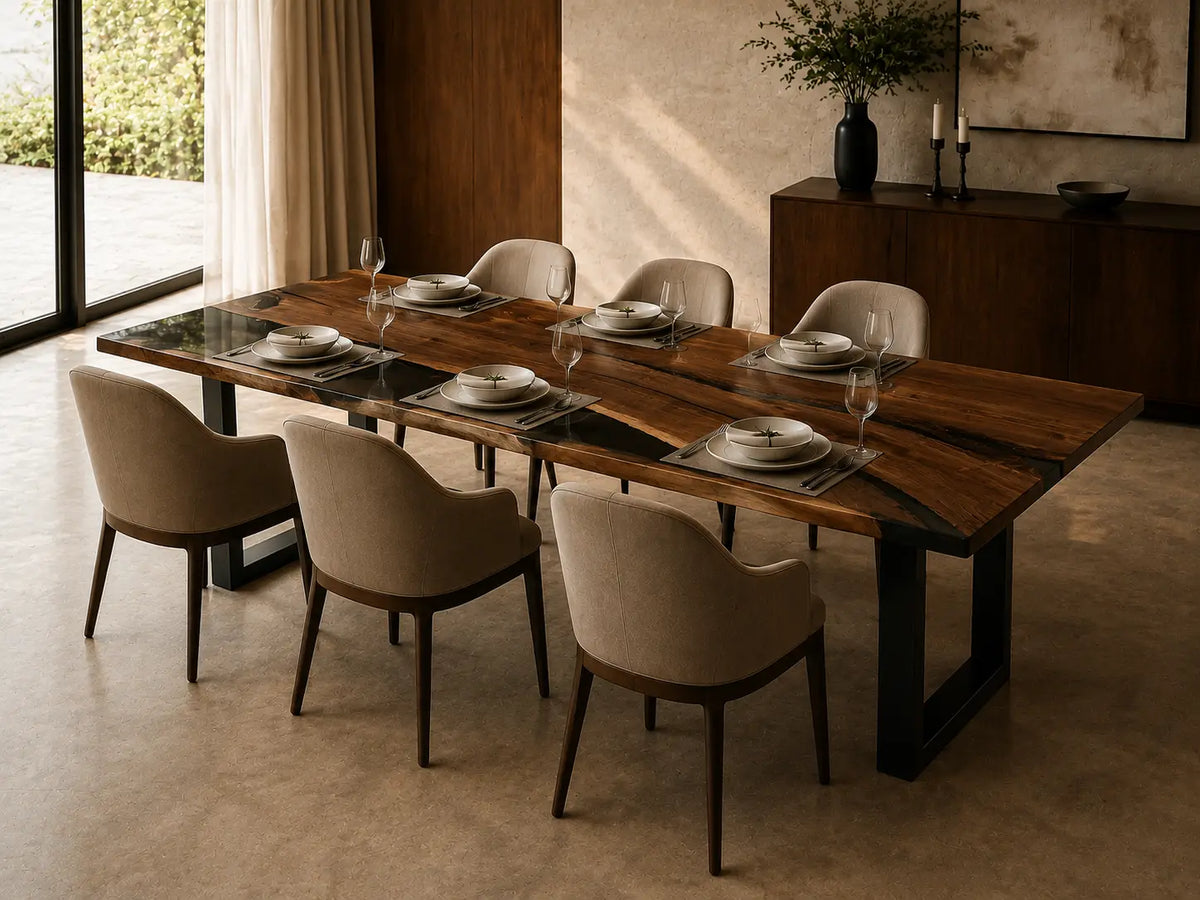 Onyx Vein opaque black epoxy black walnut dining table DT56