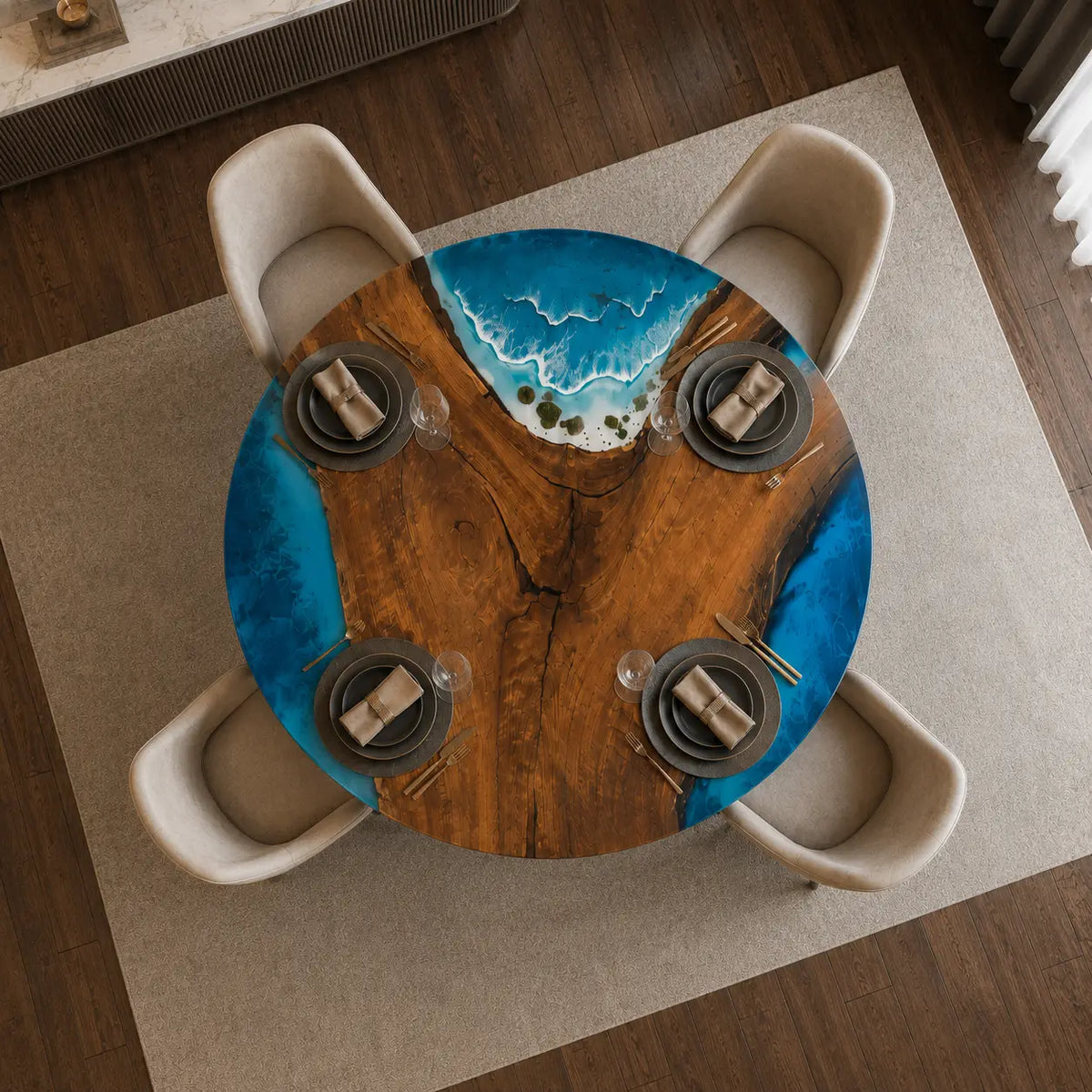Azure Orbit ocean blue with white surf epoxy black walnut dining table DT57