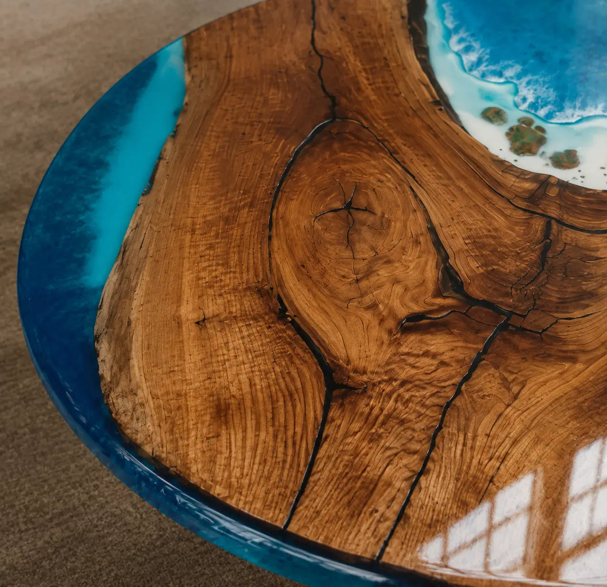 Azure Orbit Ocean Blue & White Surf Epoxy Black Walnut Dining Table DT57