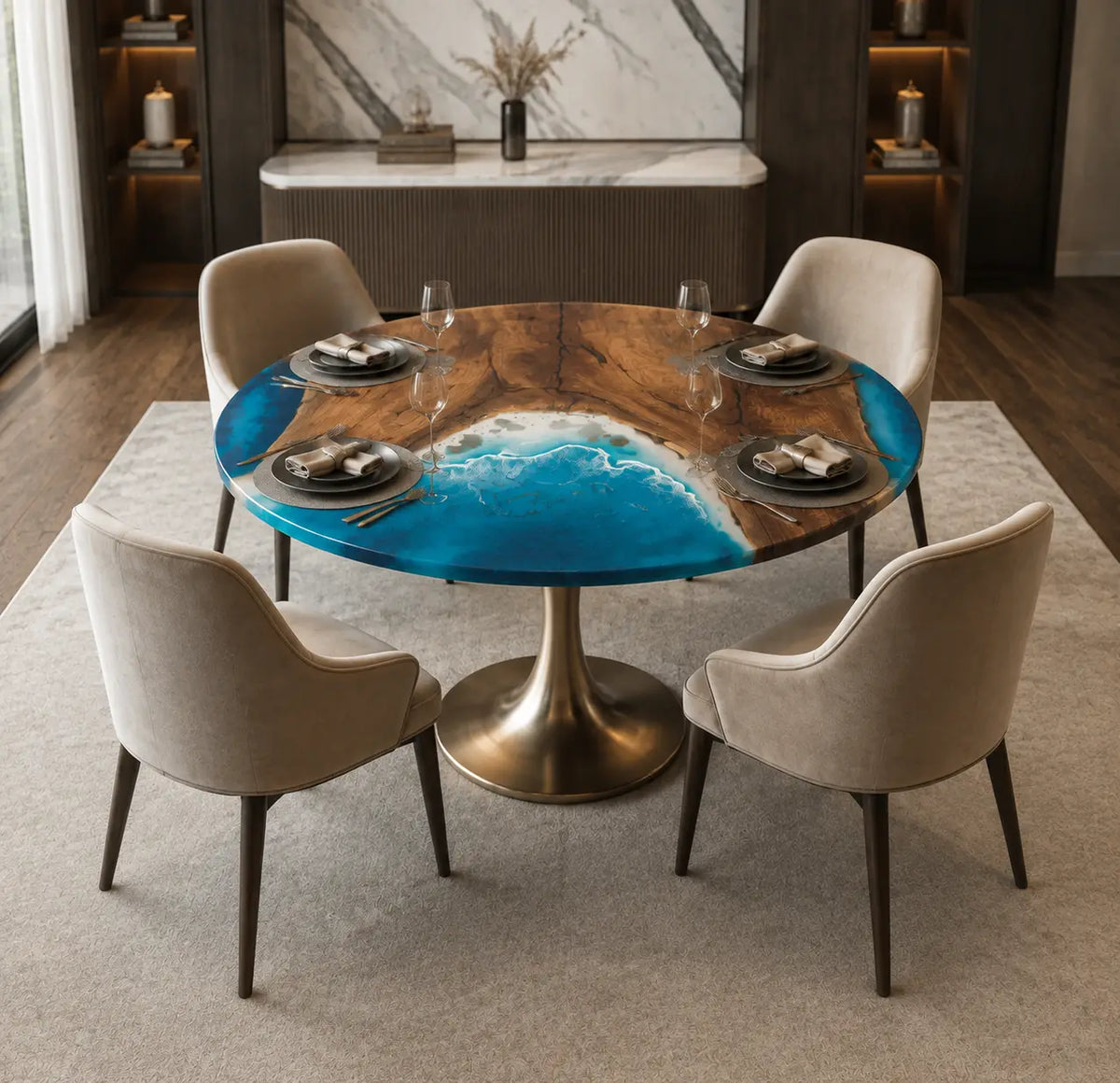 Azure Orbit Ocean Blue & White Surf Epoxy Black Walnut Dining Table DT57
