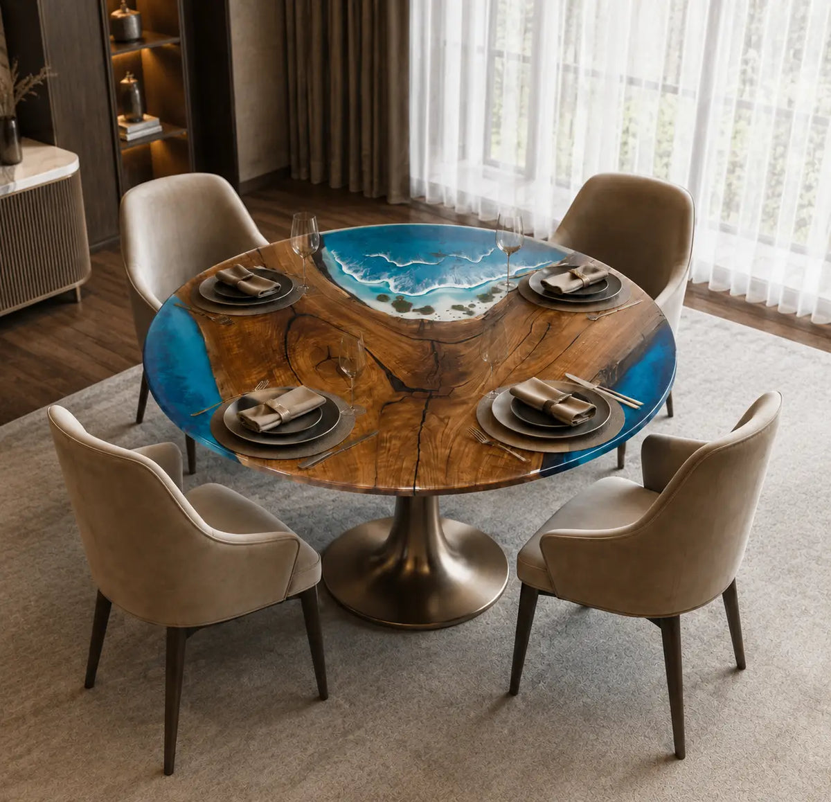 Azure Orbit Ocean Blue & White Surf Epoxy Black Walnut Dining Table DT57
