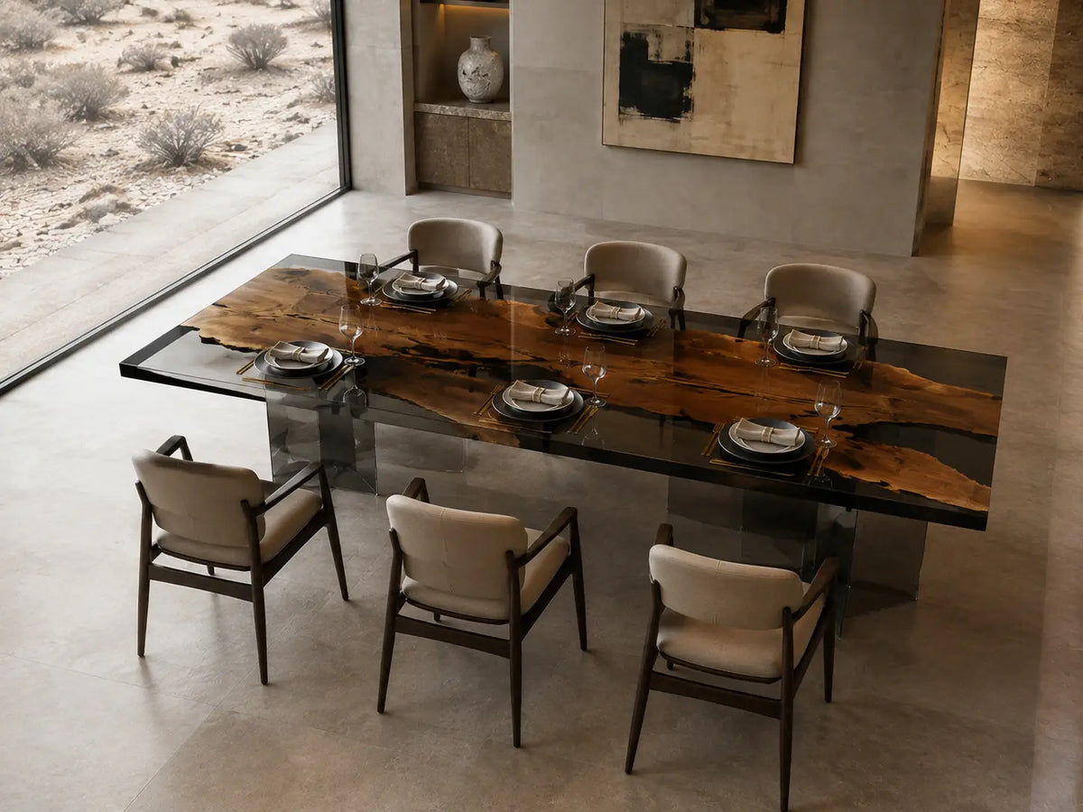 Onyx Garden opaque black epoxy river black walnut dining table DT59