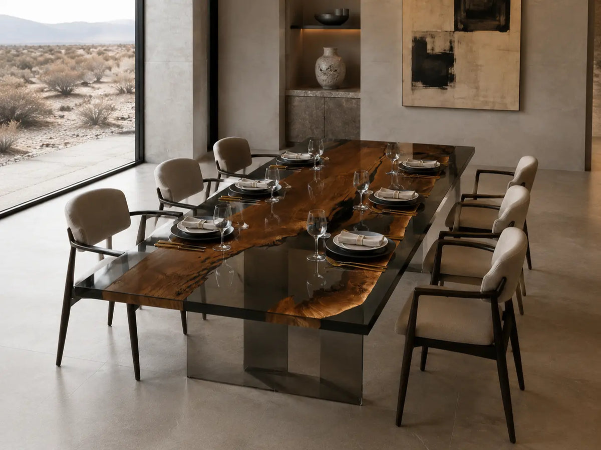 Onyx Garden Opaque Black Epoxy River Black Walnut Dining Table DT59