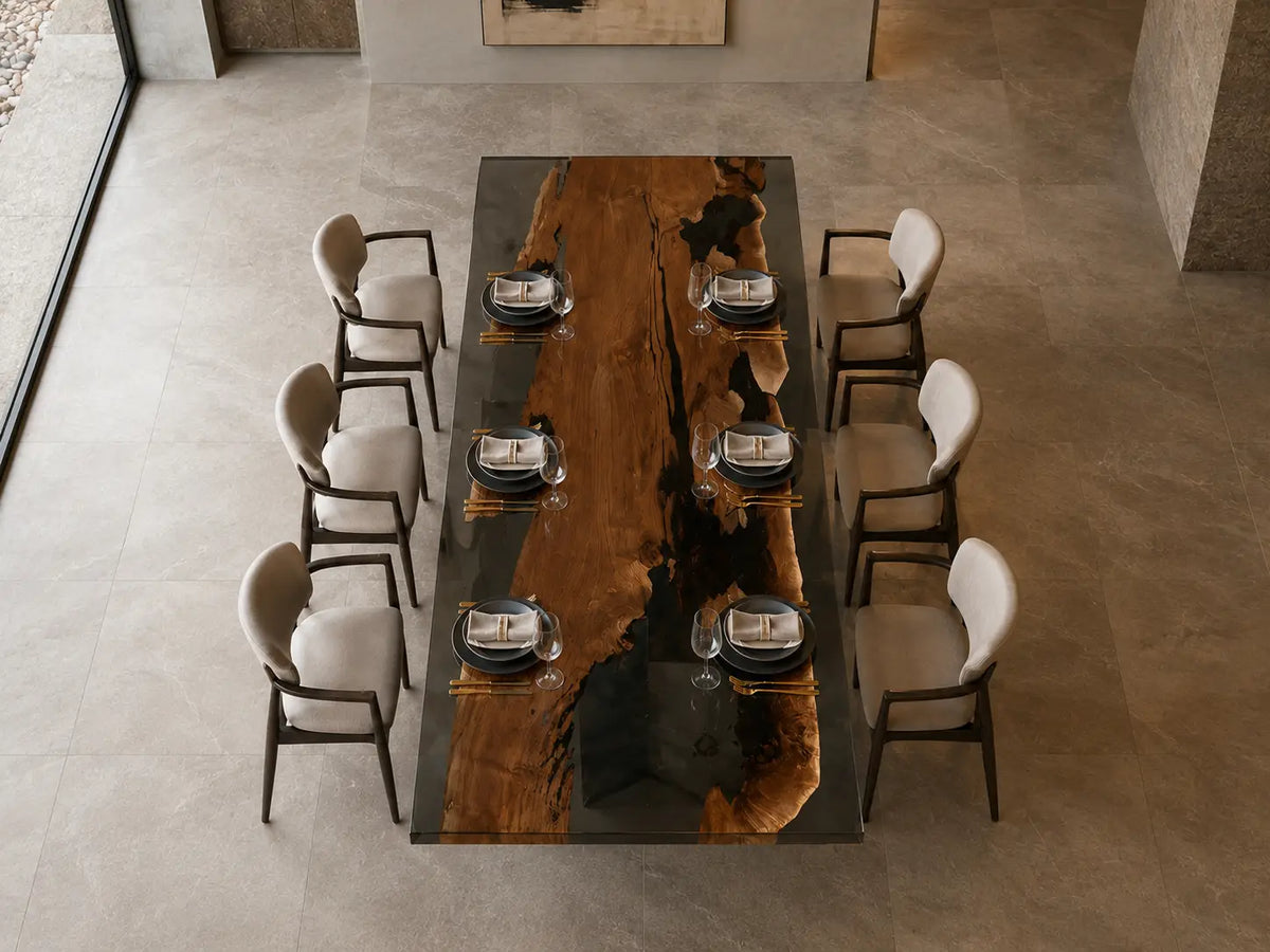 Onyx Garden Opaque Black Epoxy River Black Walnut Dining Table DT59