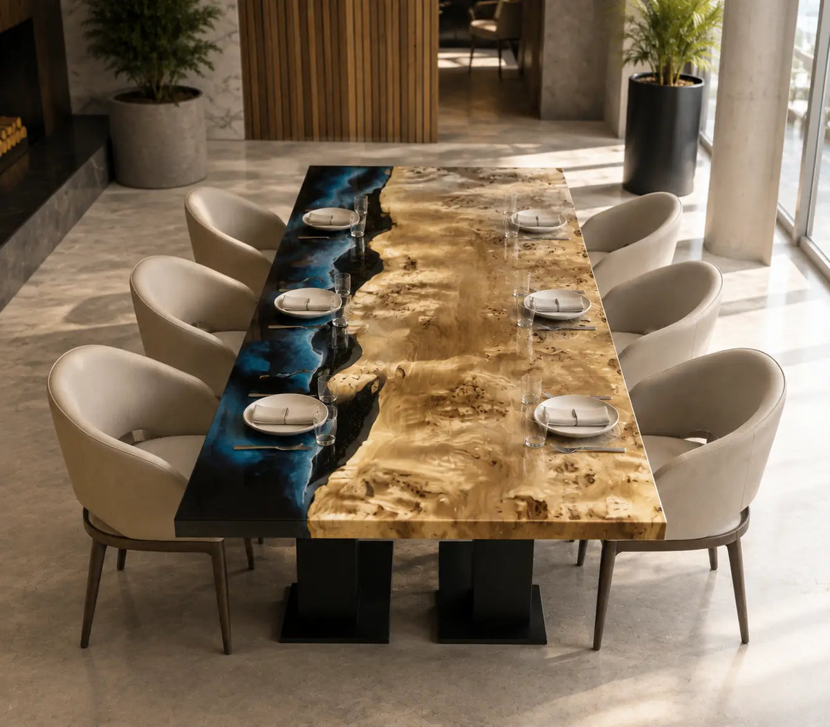 Midnight Shore midnight blue with white surf epoxy poplar dining table DT62