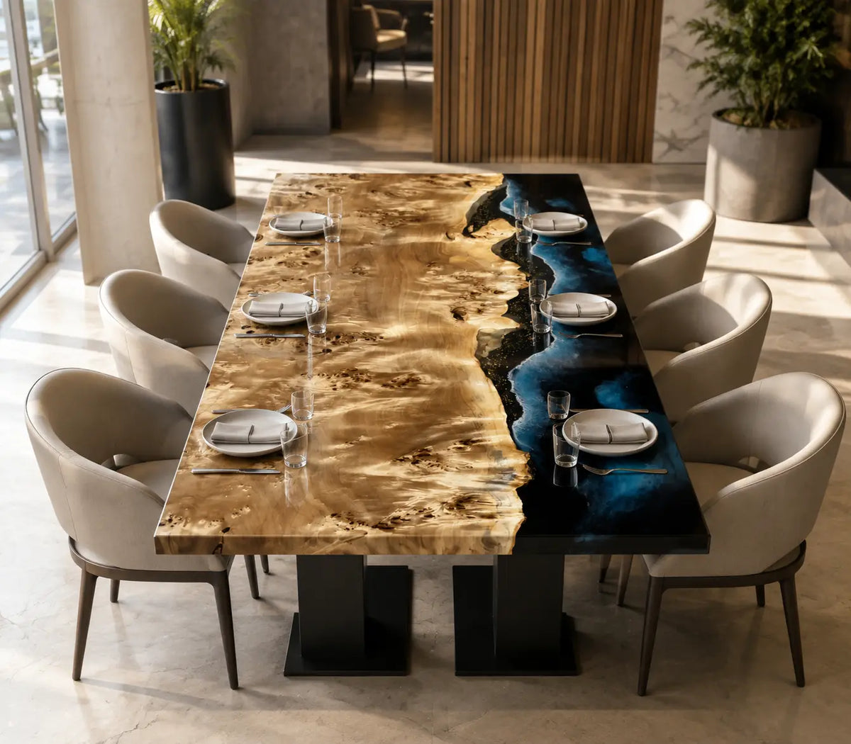 Midnight Shore Midnight Blue & White Surf Epoxy Poplar Dining Table DT62