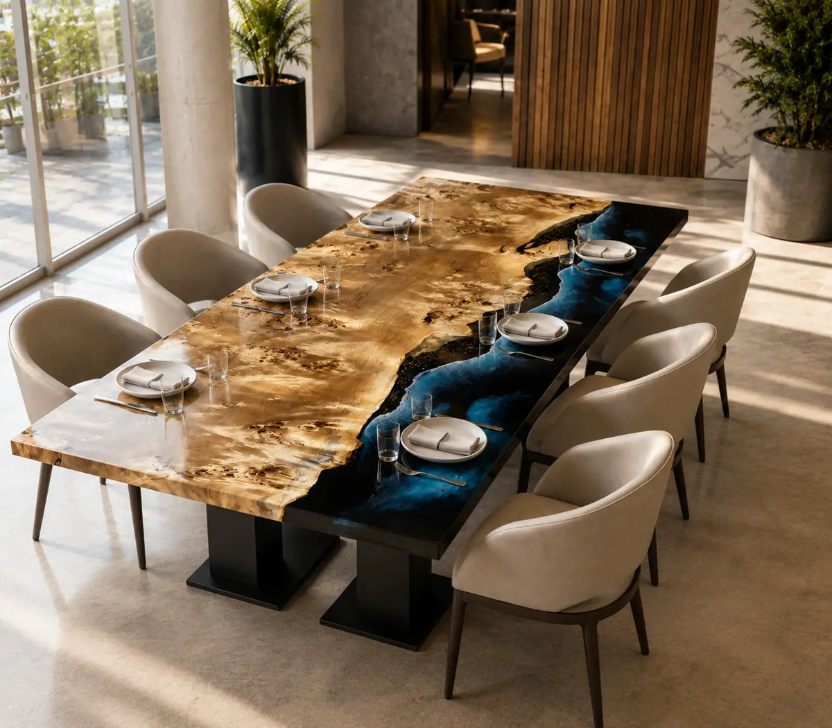 Midnight Shore Midnight Blue & White Surf Epoxy Poplar Dining Table DT62