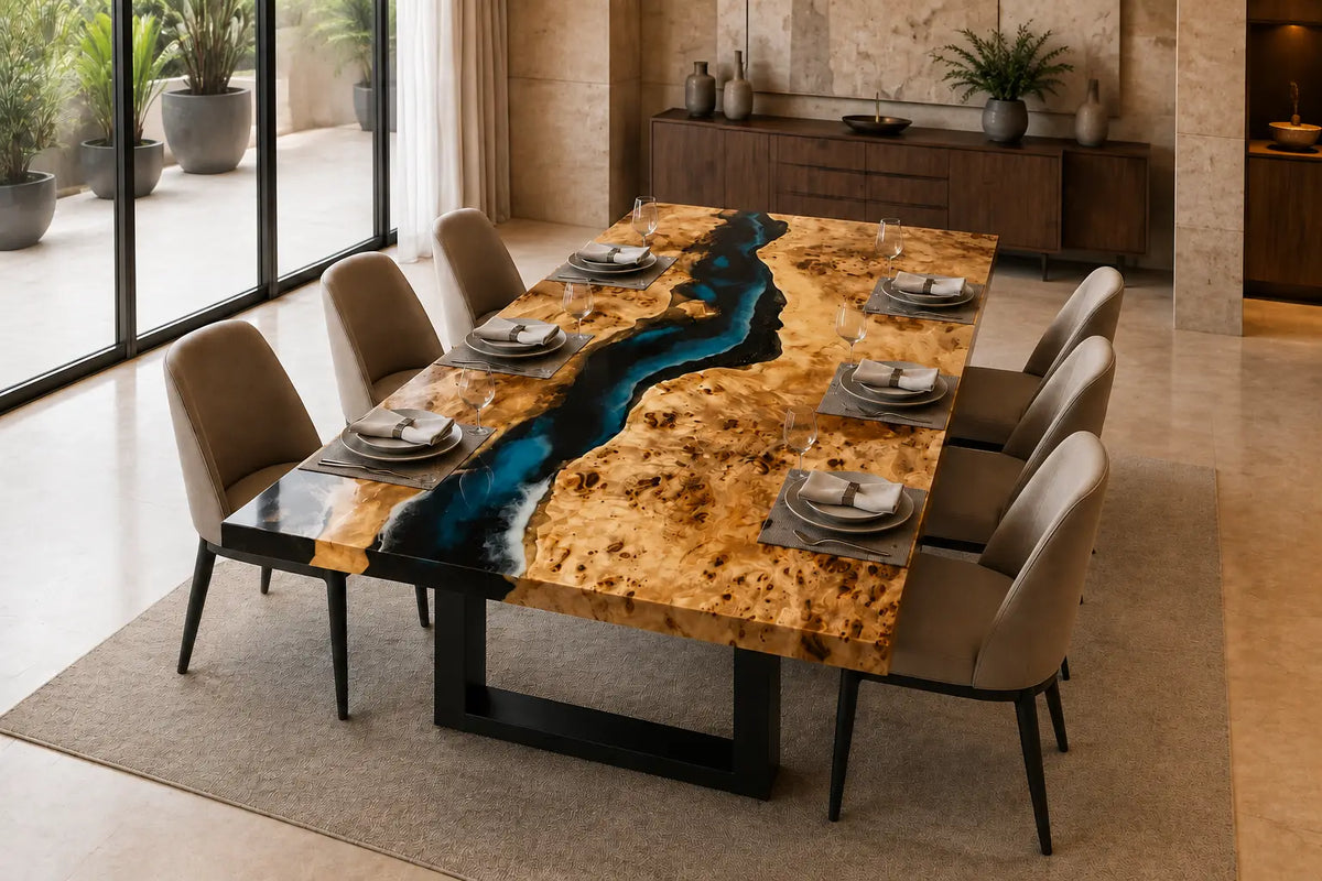 Midnight Canyon midnight blue with turquoise highlights epoxy river poplar dining table DT63