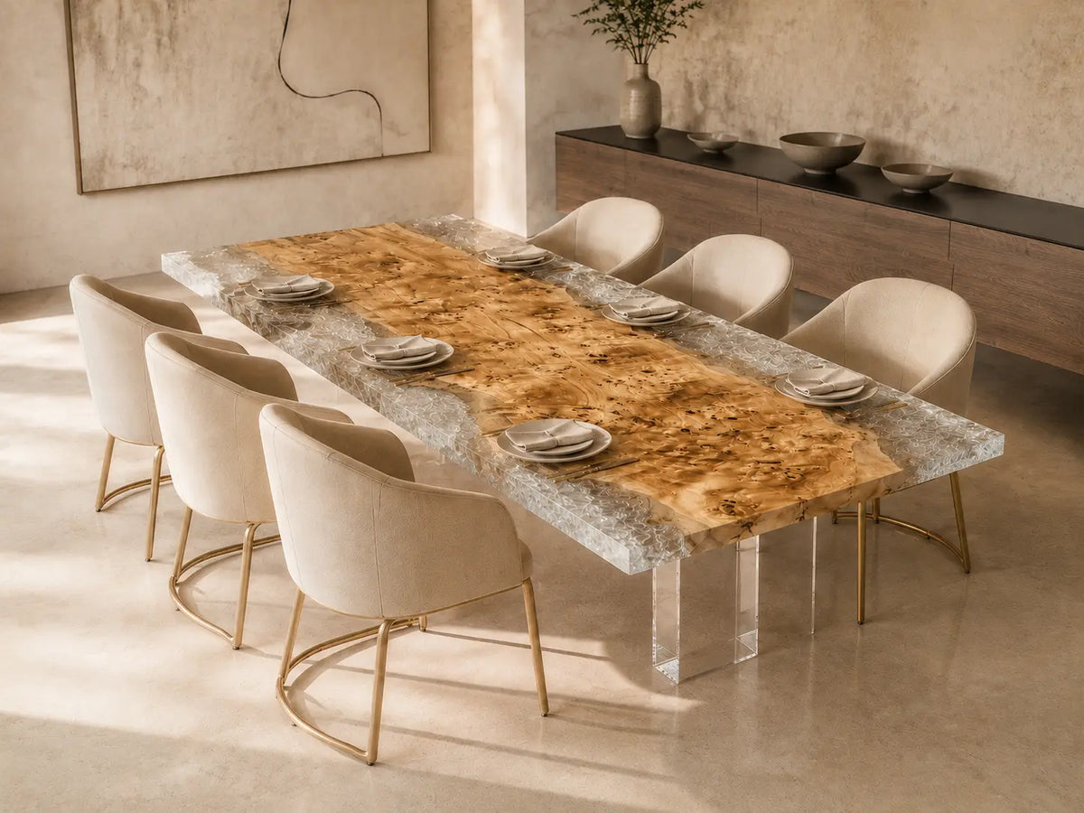 Crystal Frost crystal clear with white crystal aggregate epoxy poplar dining table DT66