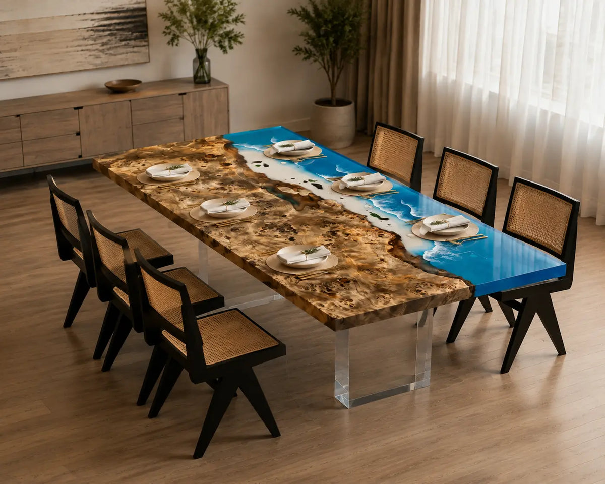 Azure Shore Ocean Blue & White Surf Epoxy Poplar Dining Table DT67