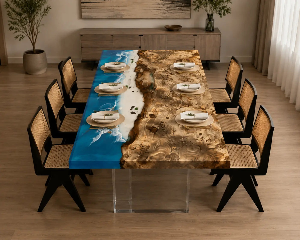 Azure Shore Ocean Blue & White Surf Epoxy Poplar Dining Table DT67